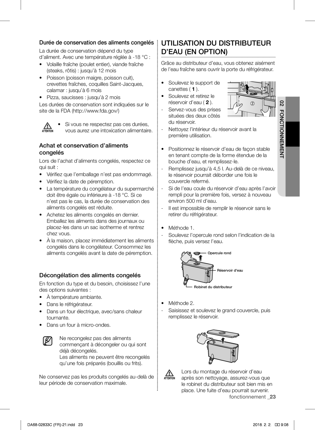 Samsung RB37J5820SA/EF manual Utilisation Du Distributeur D’Eau En Option, Achat et conservation d’aliments congelés 