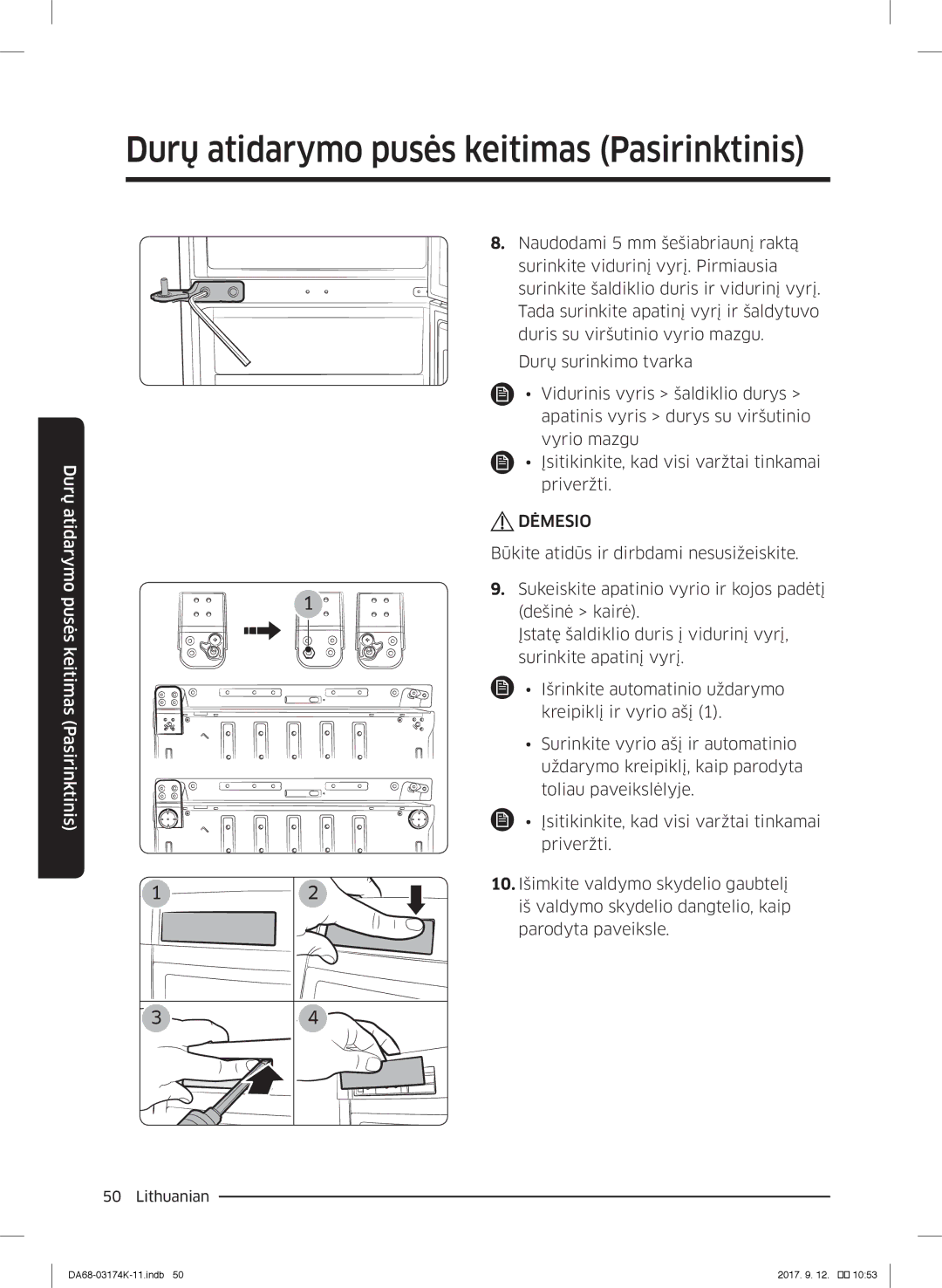 Samsung RB38J7000SR/EF, RB41J7235SR/EF, RB41J7215SR/EF, RB41J7859S4/EF manual Sukeiskite apatinio vyrio ir kojos padėtį 