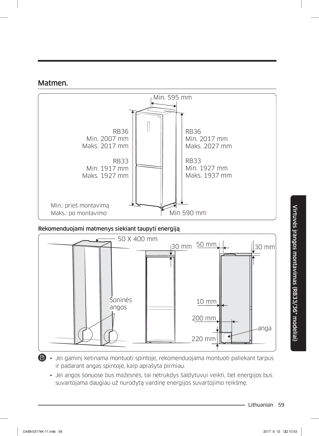 Samsung RB41J7810SR/EF, RB41J7235SR/EF manual Matmen, RB36 Min mm Maks mm RB33, Min mm RB36 Maks mm RB33 Min 590 mm 