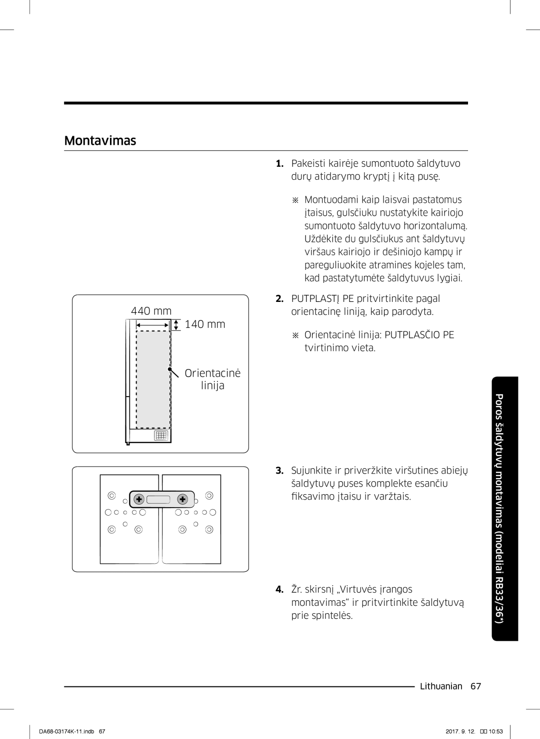 Samsung RB33J8835SR/EF, RB41J7235SR/EF, RB41J7215SR/EF, RB41J7859S4/EF, RB41J7734B1/EF manual Montavimas, Orientacinė linija 