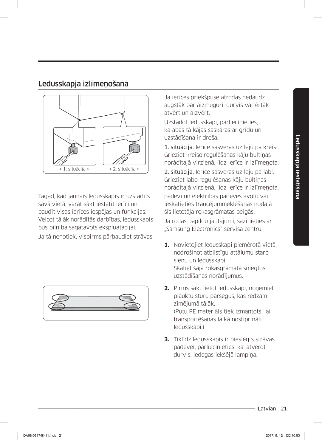 Samsung RB38J7530SR/EF, RB41J7235SR/EF, RB41J7215SR/EF, RB41J7859S4/EF, RB41J7734B1/EF manual Ledusskapja izlīmeņošana 