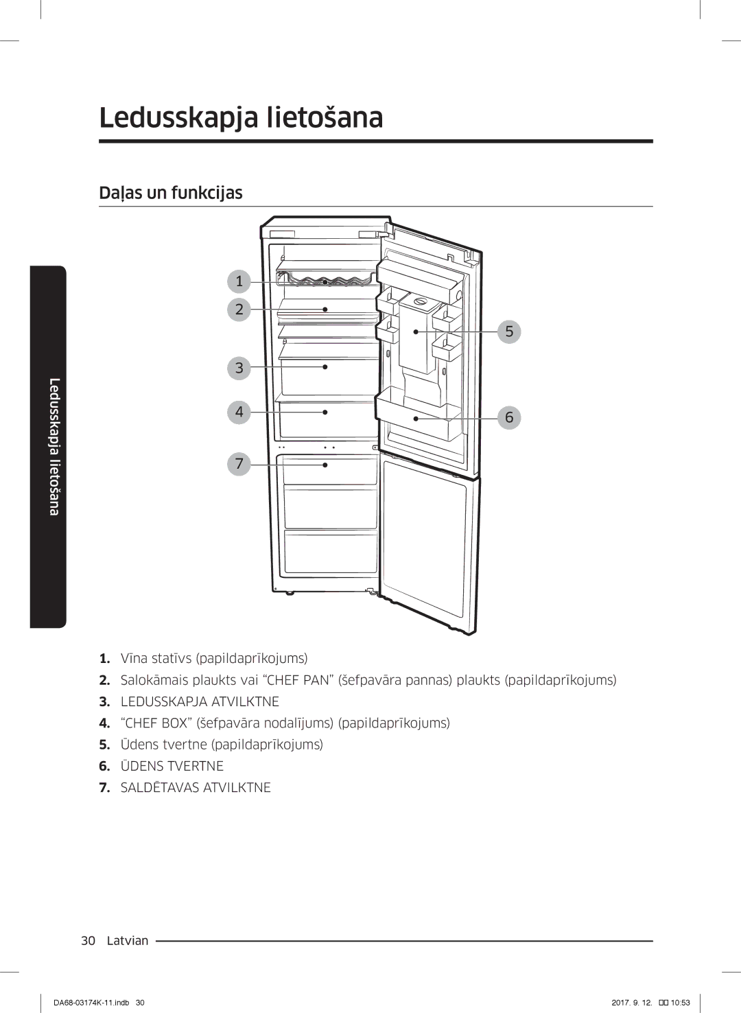 Samsung RB33J8835SR/EF, RB41J7235SR/EF manual Daļas un funkcijas, Ledusskapja Atvilktne, Ūdens Tvertne Saldētavas Atvilktne 