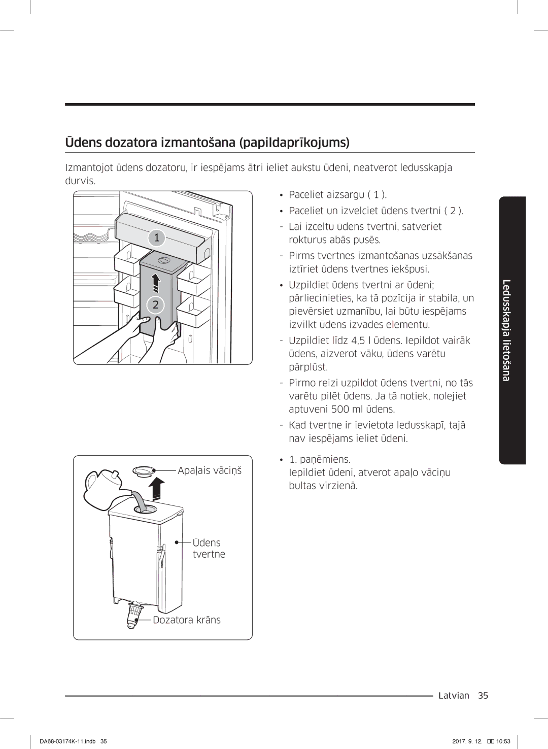 Samsung RB38J7000SR/EF, RB41J7235SR/EF, RB41J7215SR/EF, RB41J7859S4/EF manual Ūdens dozatora izmantošana papildaprīkojums 