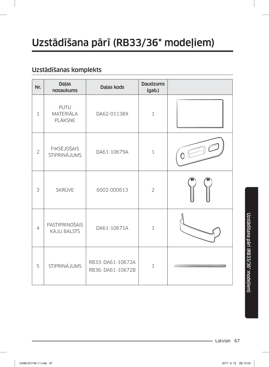 Samsung RB41J7735SR/EF manual Uzstādīšana pārī RB33/36* modeļiem, Putu Materiāla, Stiprinājums, Skrūve, Kāju Balsts 