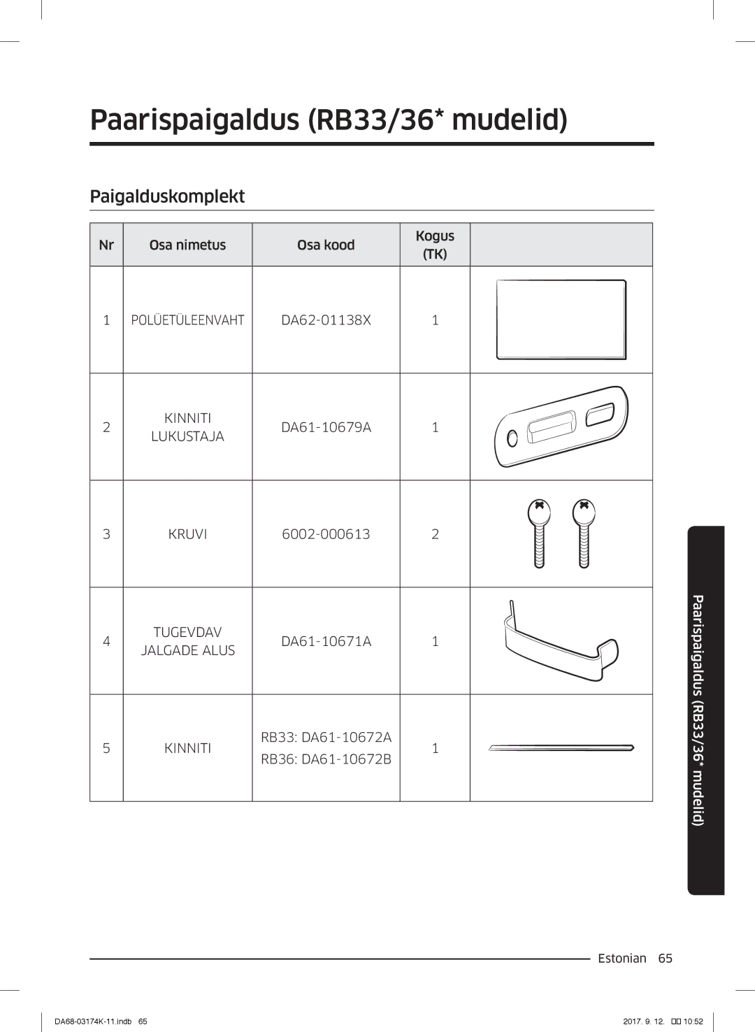 Samsung RB38J7000SR/EF, RB41J7235SR/EF, RB41J7215SR/EF, RB41J7859S4/EF, RB41J7734B1/EF manual Paarispaigaldus RB33/36* mudelid 