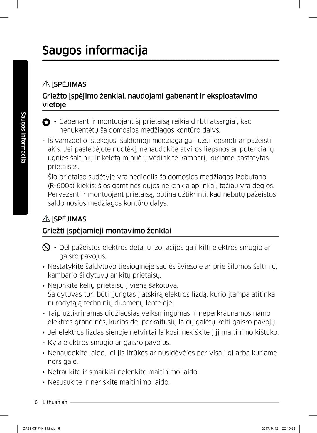 Samsung RB38J7000SR/EF, RB41J7235SR/EF, RB41J7215SR/EF, RB41J7859S4/EF, RB41J7734B1/EF Griežti įspėjamieji montavimo ženklai 