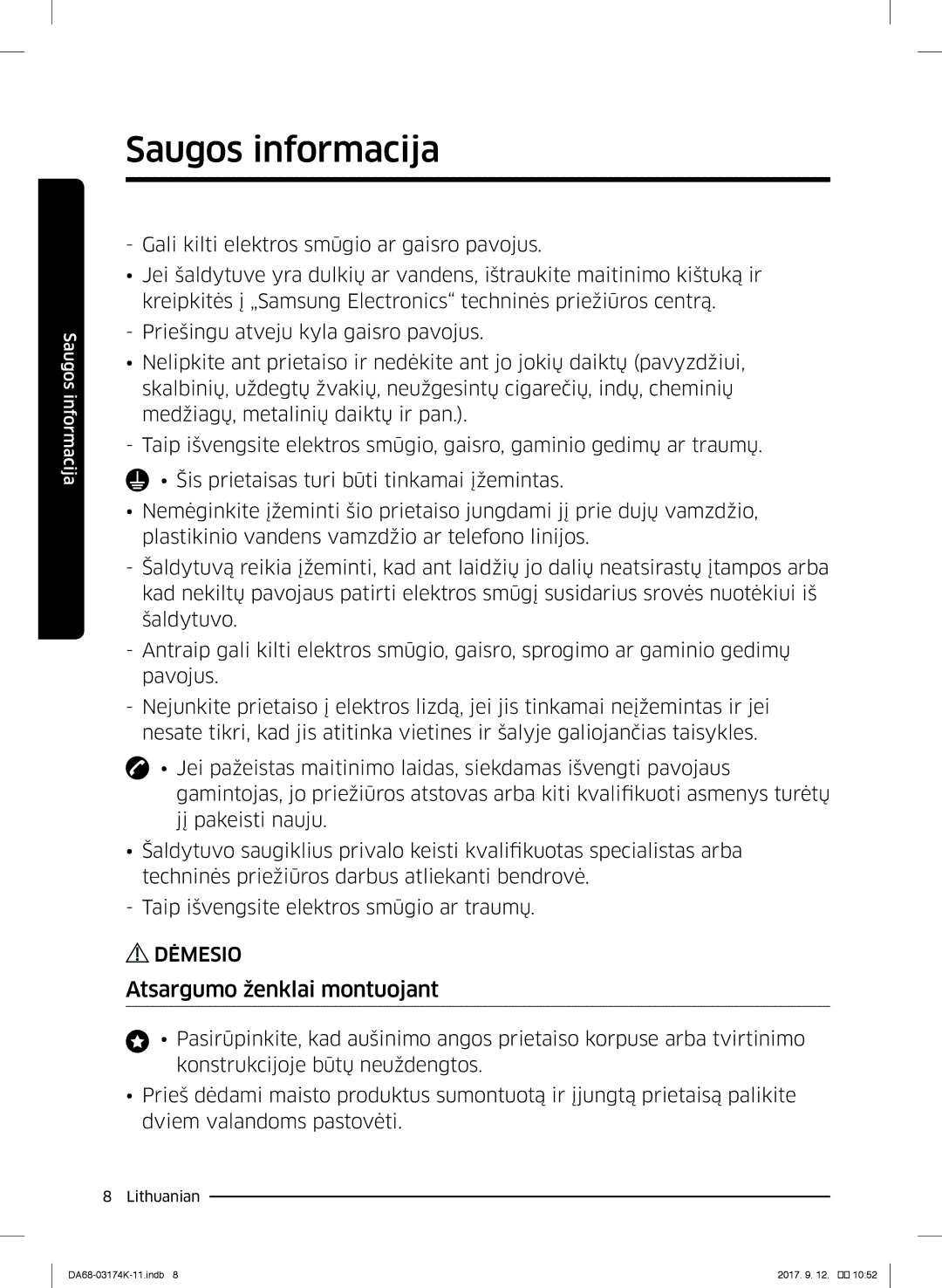 Samsung RB41J7215SR/EF, RB41J7235SR/EF, RB41J7859S4/EF, RB41J7734B1/EF, RB33J8797S4/EF manual Atsargumo ženklai montuojant 