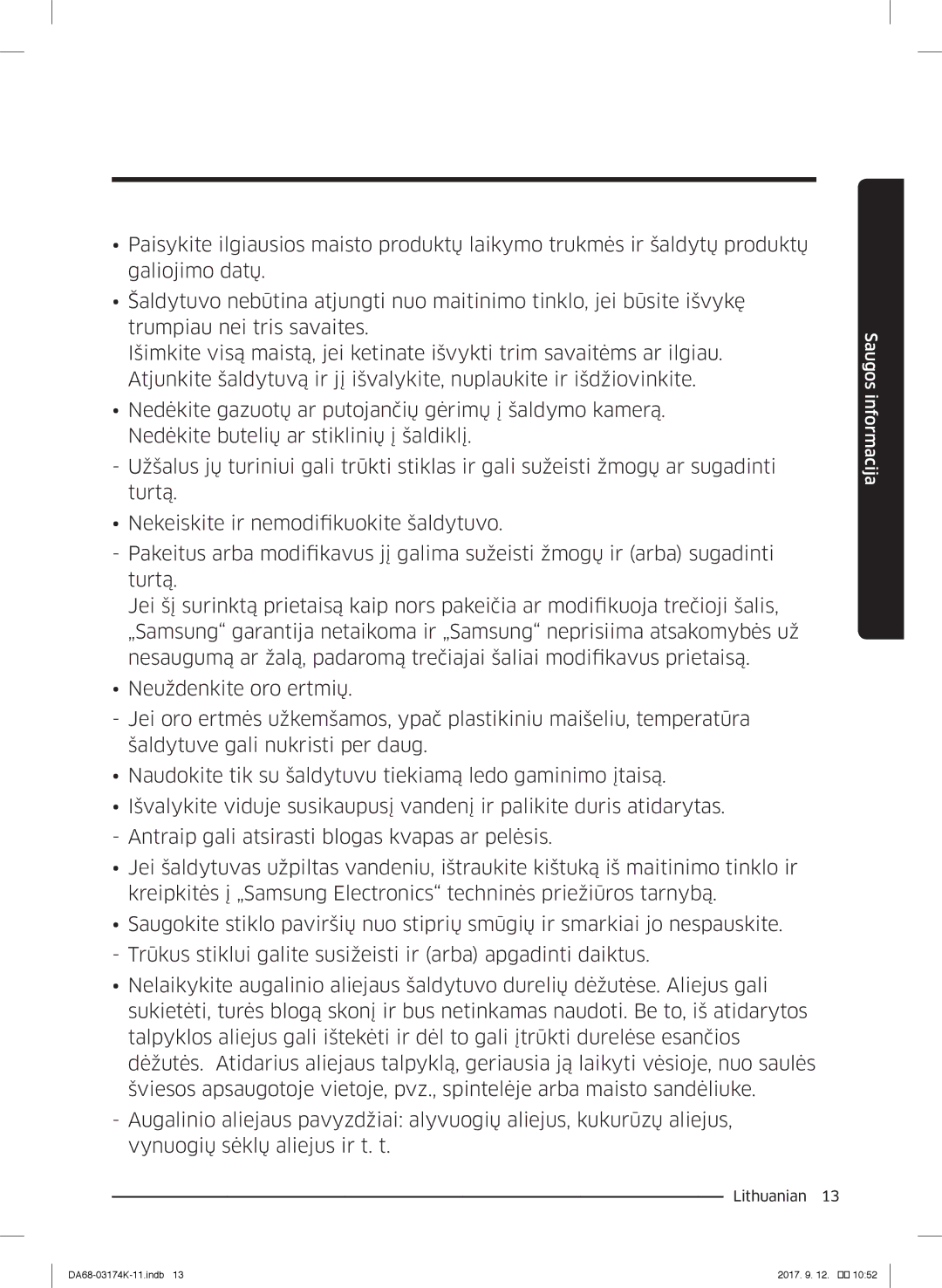 Samsung RB41J7335SR/EF, RB41J7235SR/EF, RB41J7215SR/EF, RB41J7859S4/EF, RB41J7734B1/EF, RB33J8797S4/EF manual Saugos informacija 