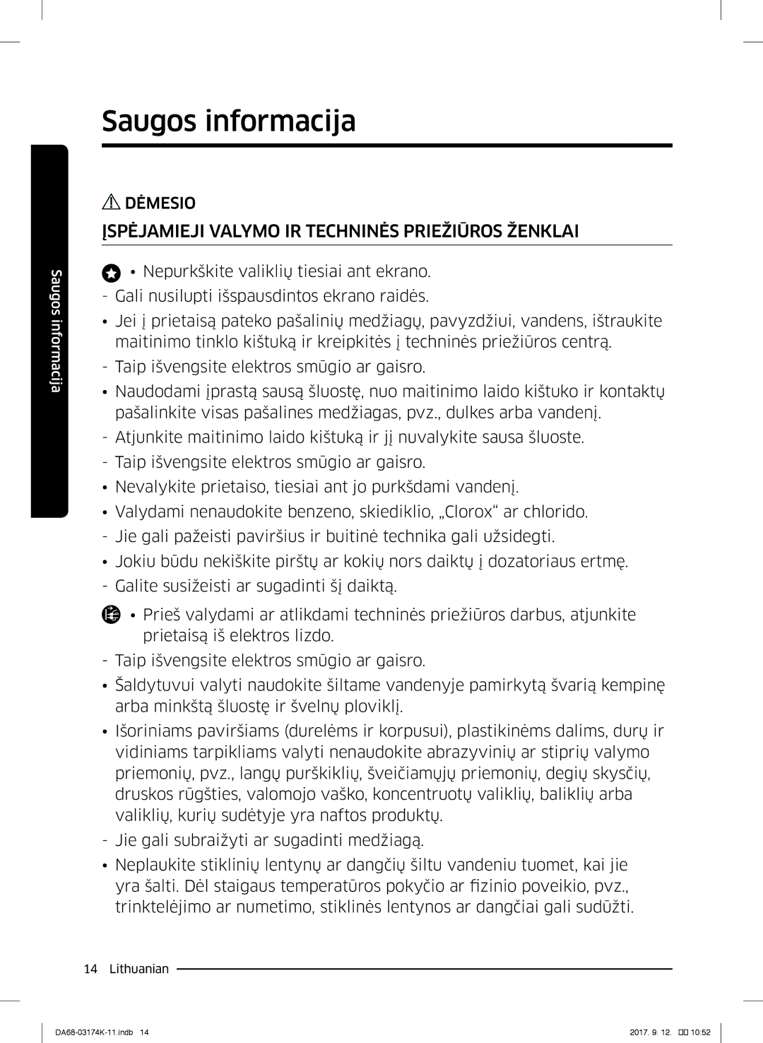 Samsung RB38J7530SR/EF, RB41J7235SR/EF, RB41J7215SR/EF, RB41J7859S4/EF Įspėjamieji Valymo IR Techninės Priežiūros Ženklai 