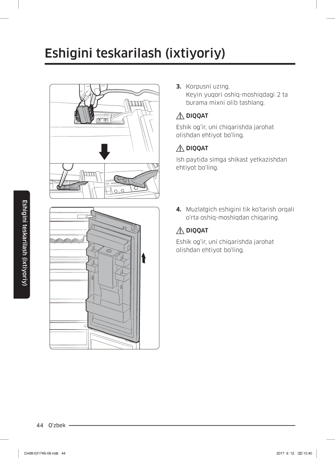 Samsung RB38J7761SA/WT, RB41J7335SR/EF, RB33J3420SS/EF, RB38J7000SR/EF, RB33J3420EF/WT, RB33J3400WW/WT manual 44 O‘zbek 