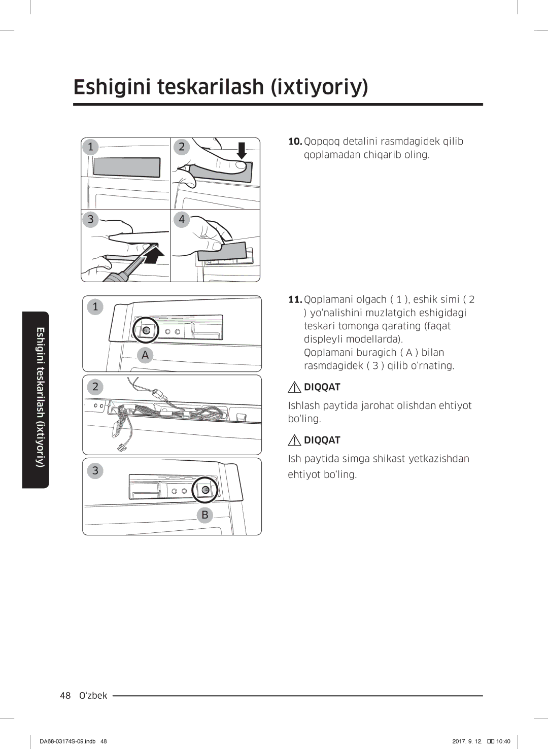 Samsung RB33J3200SA/RS, RB41J7335SR/EF, RB33J3420SS/EF, RB38J7000SR/EF, RB33J3420EF/WT manual Qopqoq detalini rasmdagidek qilib 