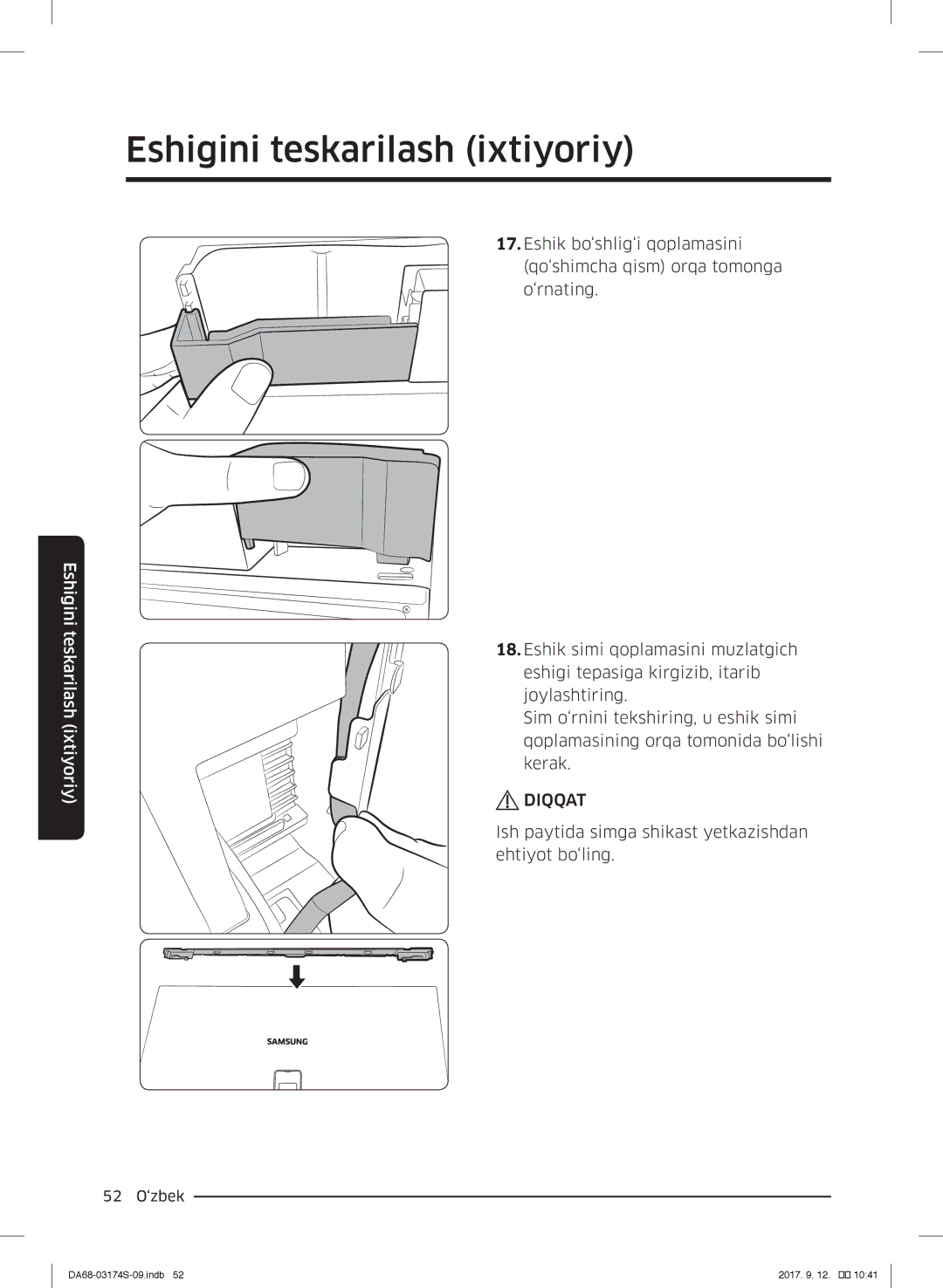 Samsung RB33J3200WW/WT, RB41J7335SR/EF, RB33J3420SS/EF, RB38J7000SR/EF, RB33J3420EF/WT, RB33J3400WW/WT manual 52 O‘zbek 