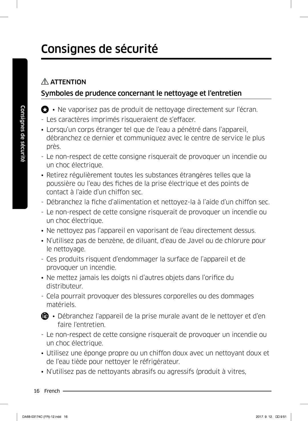 Samsung RB33J8215SA/EF, RB41J7359S4/EF, RB41J7215SR/EF manual Symboles de prudence concernant le nettoyage et l’entretien 