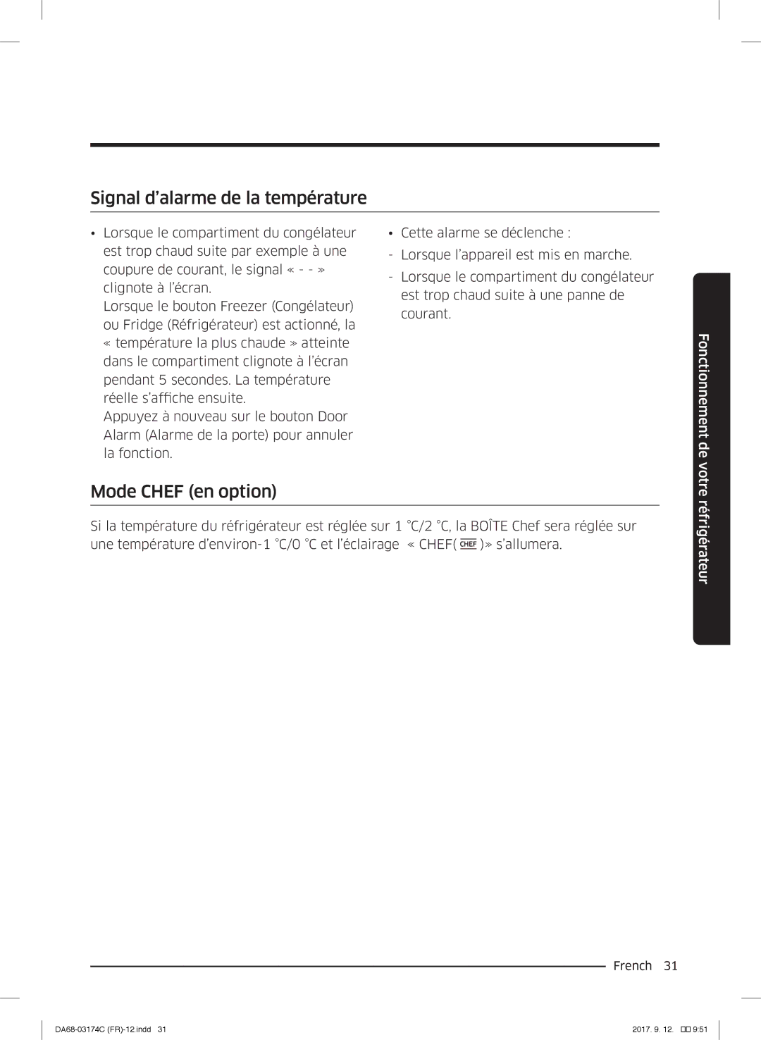 Samsung RB36J8797S4/EF, RB41J7359S4/EF, RB41J7215SR/EF manual Signal d’alarme de la température, Mode Chef en option 