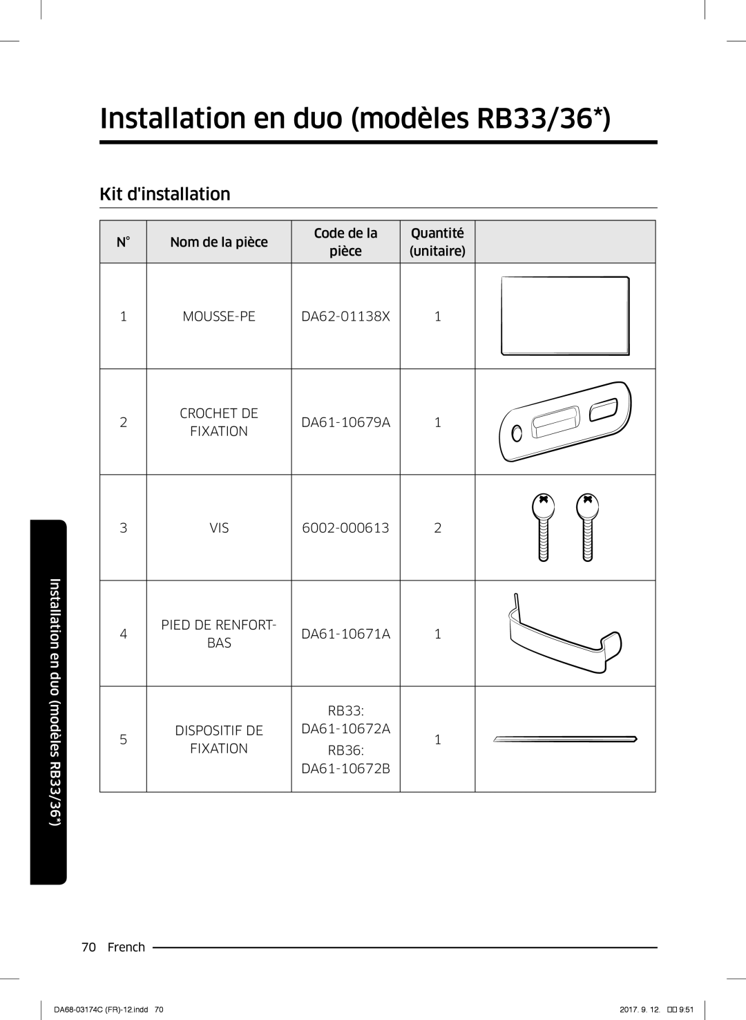 Samsung RB33J8215SA/EF, RB41J7359S4/EF, RB41J7215SR/EF manual Installation en duo modèles RB33/36, Kit dinstallation 