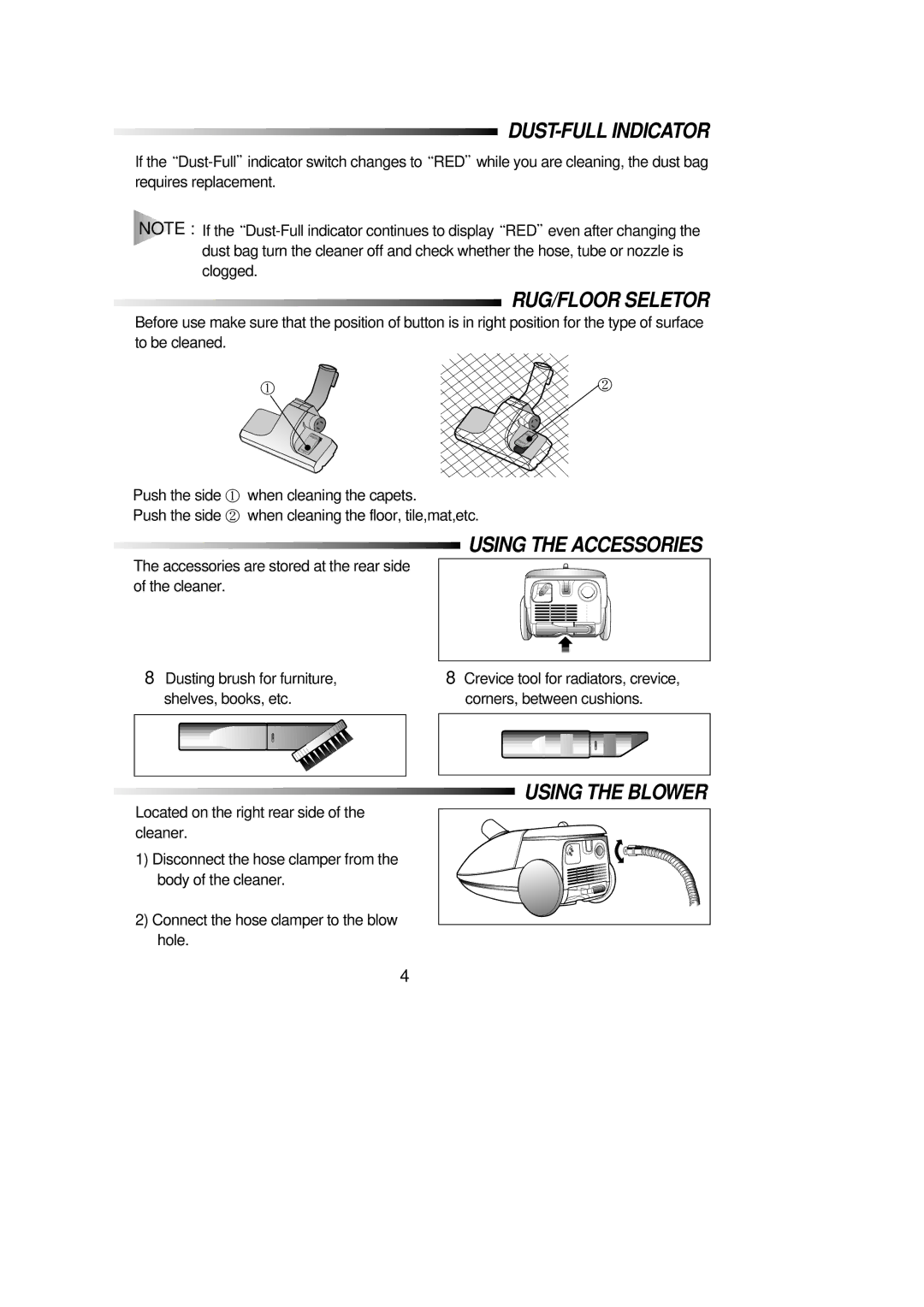 Samsung RC-5513V manual DUST-FULL Indicator, RUG/FLOOR Seletor, Using the Blower 