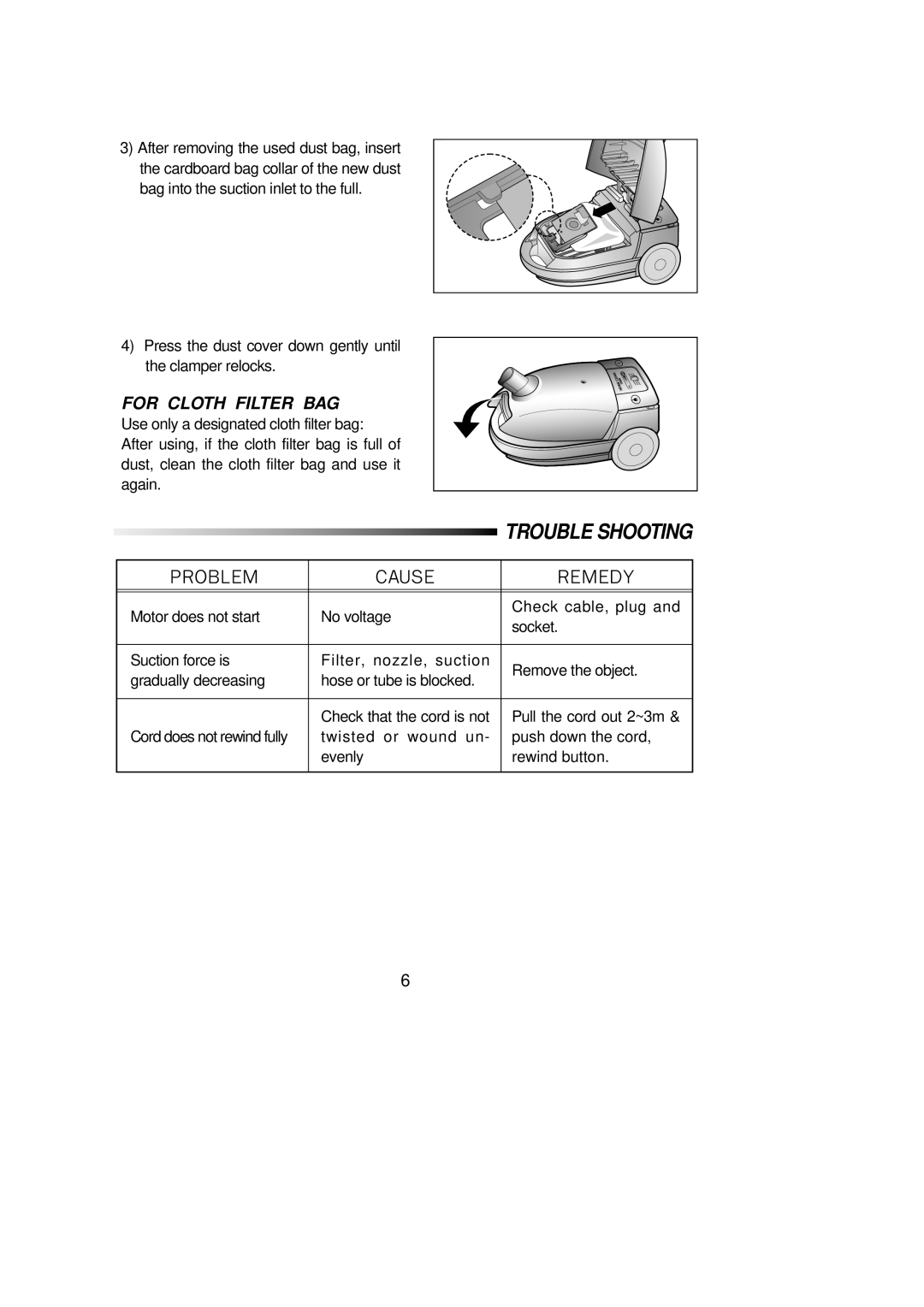 Samsung RC-5513V manual For Cloth Filter Bag, Trouble Shooting, Problem, Cause, Remedy 