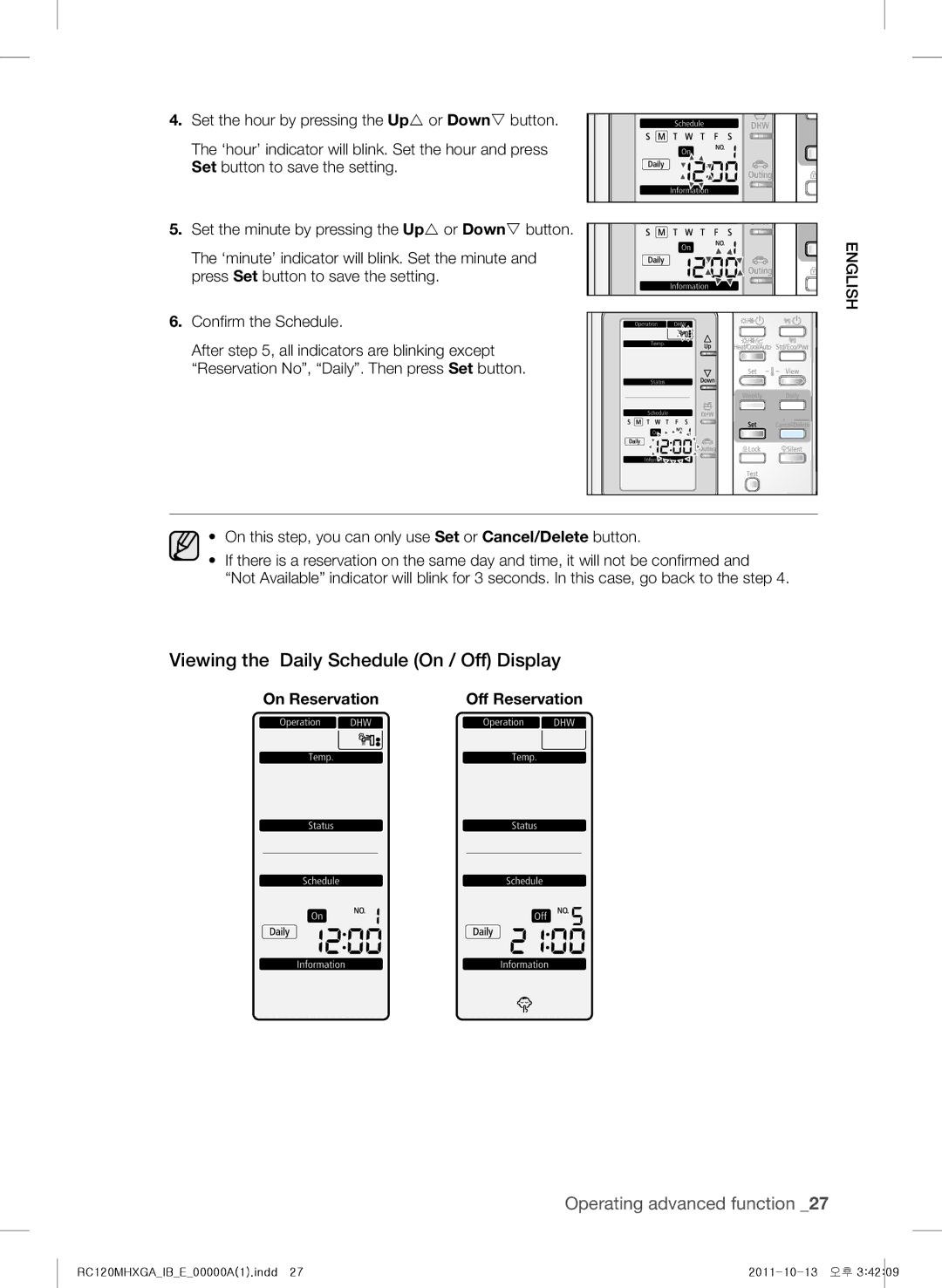 Samsung RC140MHXEA, RC160MHXGA, RC160MHXEA, RC120MHXGA, RC120MHXEA, RC140MHXGA Viewing the Daily Schedule On / Off Display 