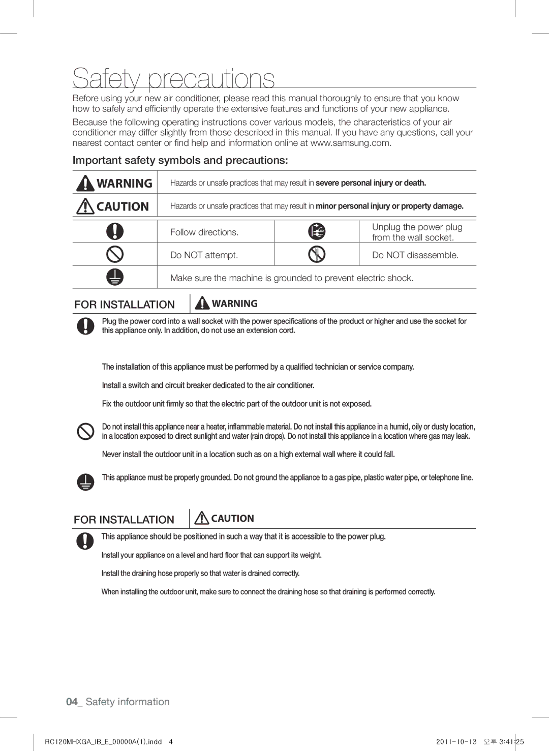 Samsung RC120MHXGA, RC160MHXGA, RC160MHXEA Safety precautions, Important safety symbols and precautions, For Installation 