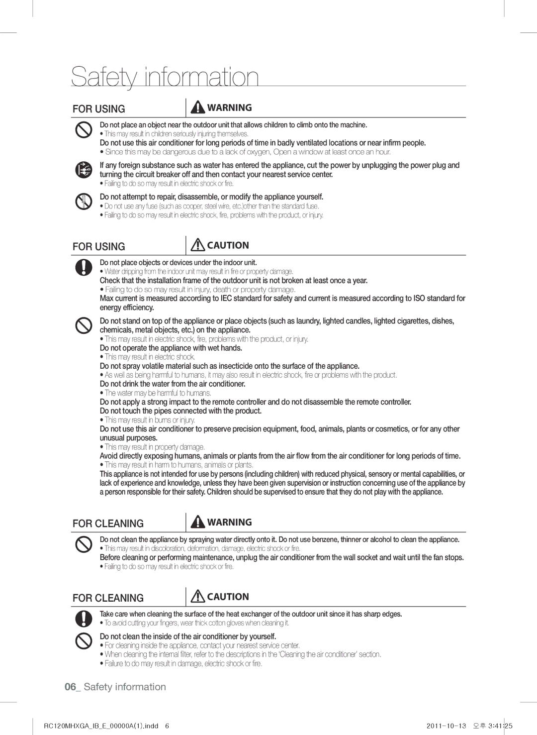 Samsung RC120MHXEA, RC160MHXGA, RC160MHXEA, RC120MHXGA, RC140MHXEA, RC140MHXGA, RC090MHXEA Safety information, For Cleaning 