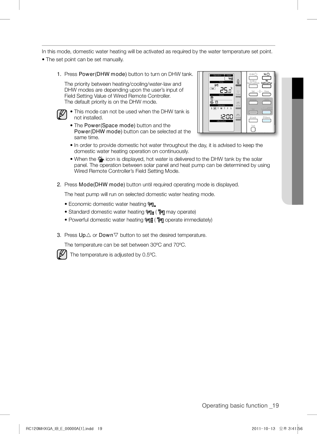 Samsung RC090MHXEA, RC160MHXGA, RC160MHXEA, RC120MHXGA, RC140MHXEA, RC120MHXEA, RC140MHXGA Domestic Water Heating Operation 