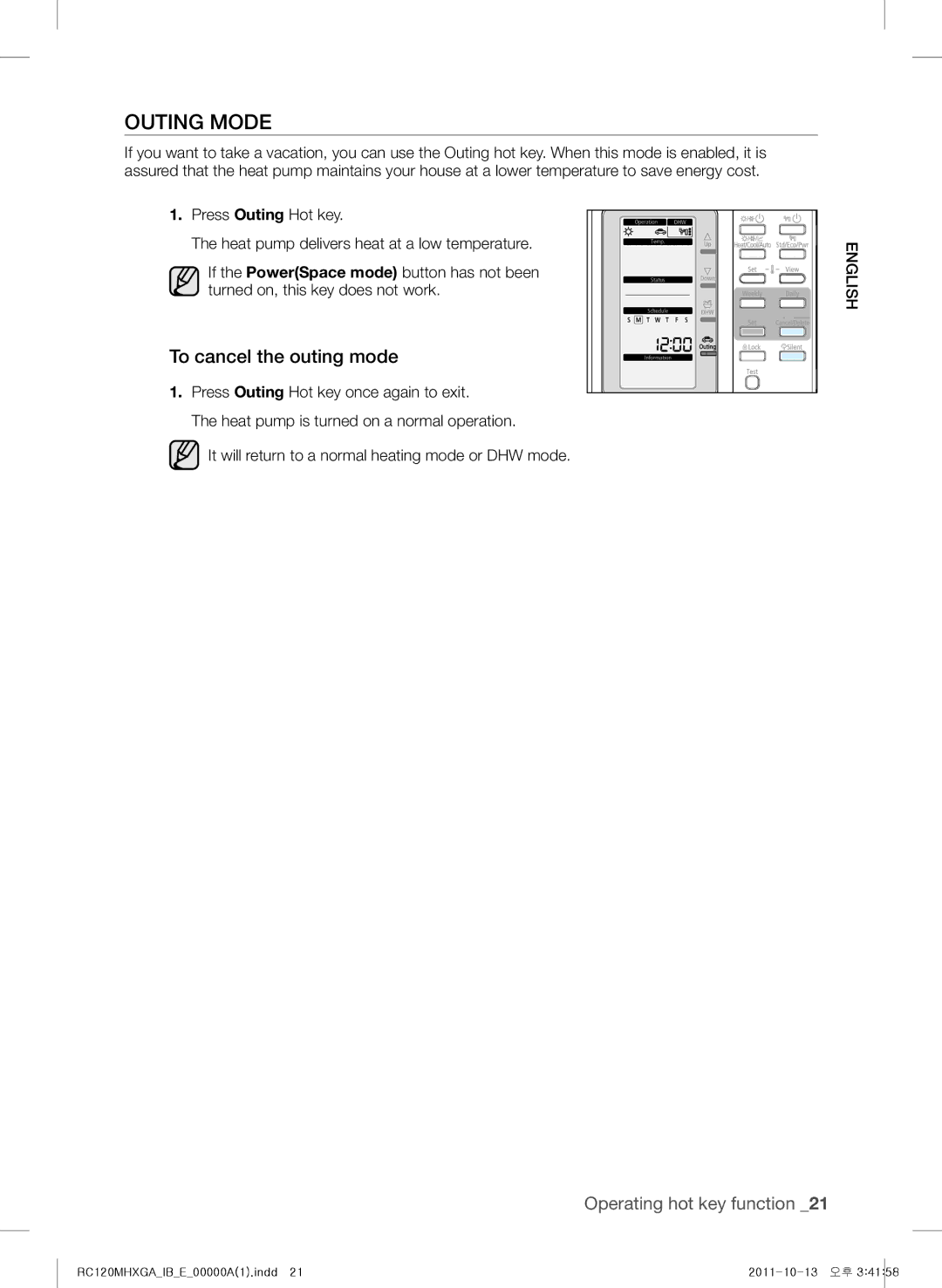 Samsung RC160MHXGA, RC160MHXEA, RC120MHXGA, RC140MHXEA, RC120MHXEA, RC140MHXGA Outing Mode, To cancel the outing mode 