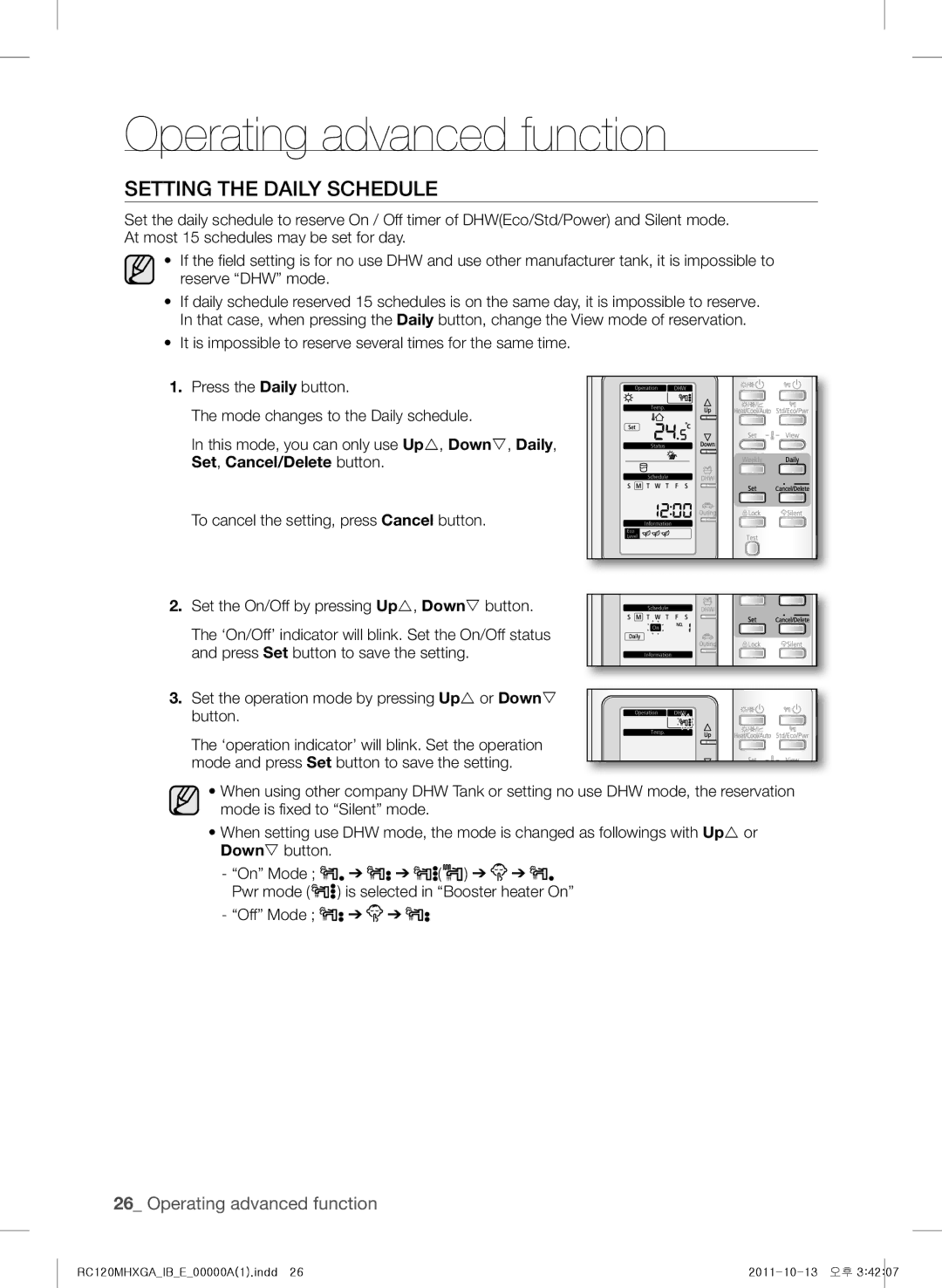 Samsung RC120MHXGA, RC160MHXGA, RC160MHXEA, RC140MHXEA, RC120MHXEA, RC140MHXGA, RC090MHXEA user manual Setting the Daily Schedule 