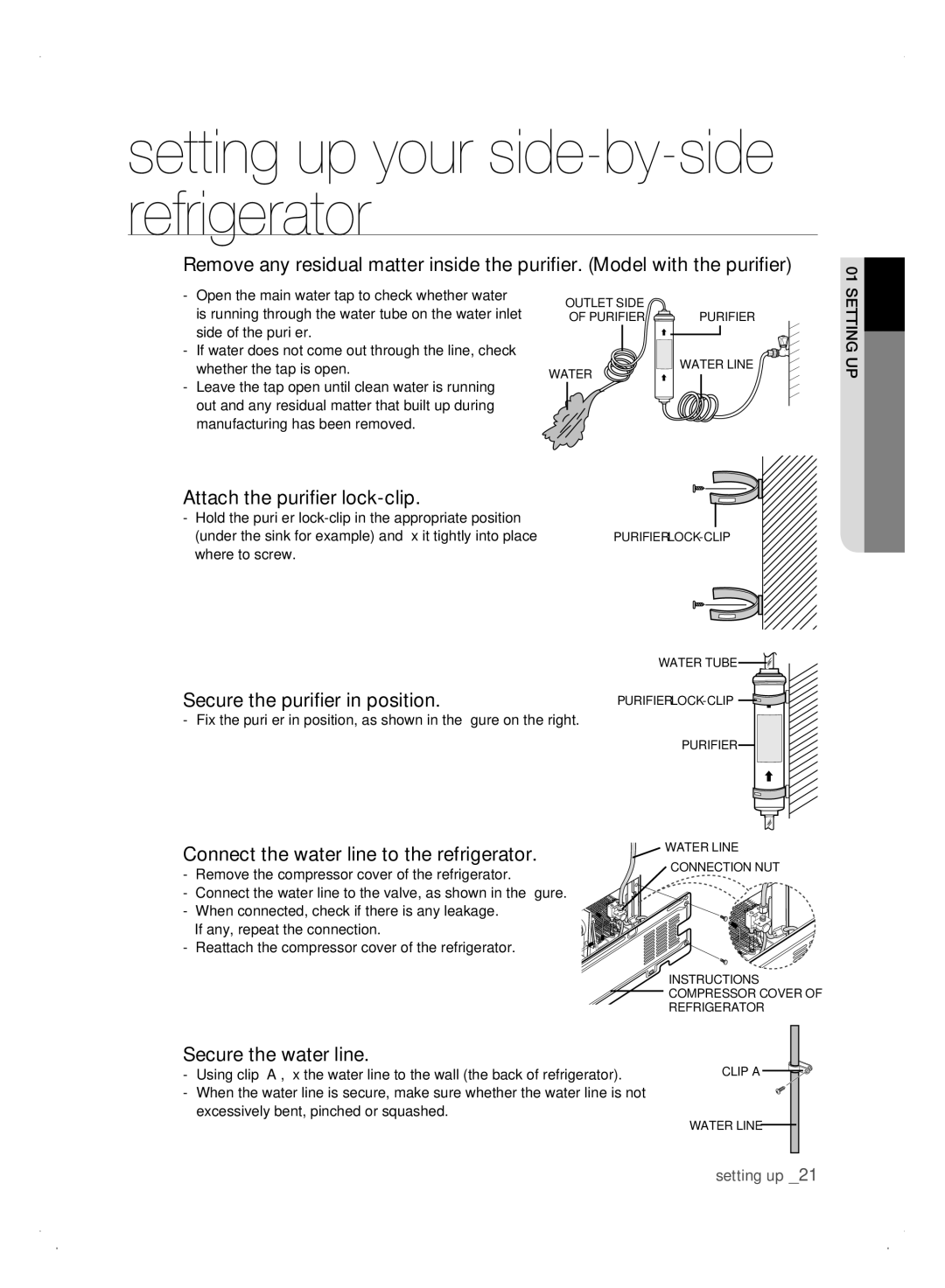 Samsung Refrigerator user manual Attach the purifier lock-clip, Secure the purifier in position, Secure the water line 