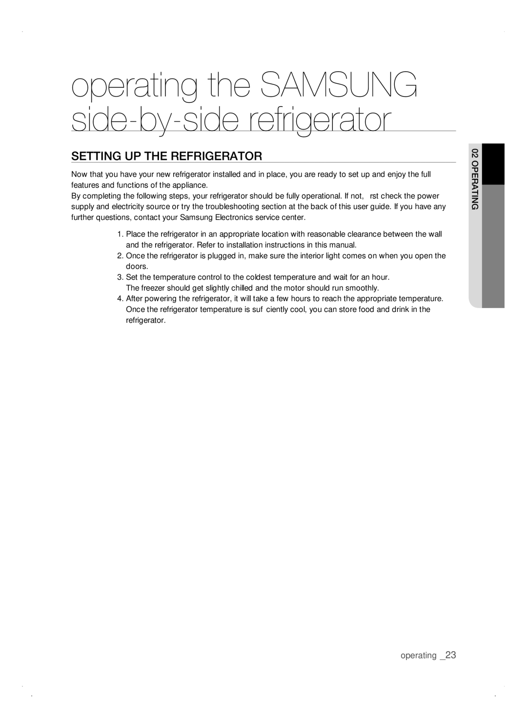 Samsung Refrigerator user manual Operating the Samsung side-by-side refrigerator, SEtting uP tHE rEfrigErator 