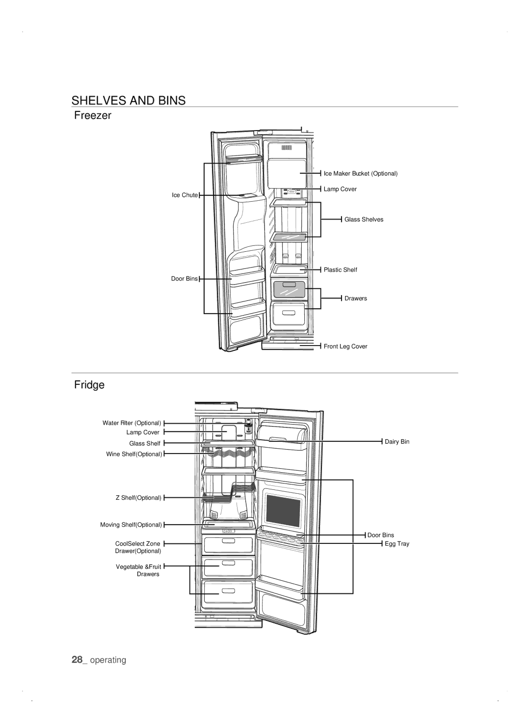 Samsung Refrigerator user manual SHELVEs anD Bins, Freezer, Fridge 