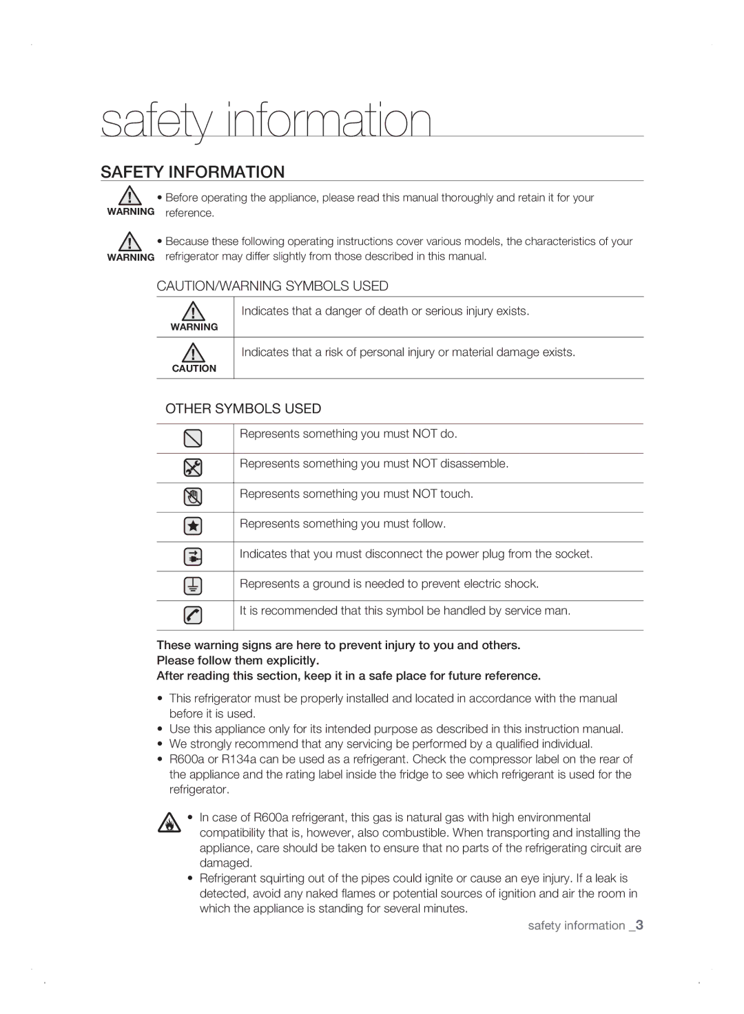 Samsung Refrigerator user manual Safety information, SafEty inforMation 