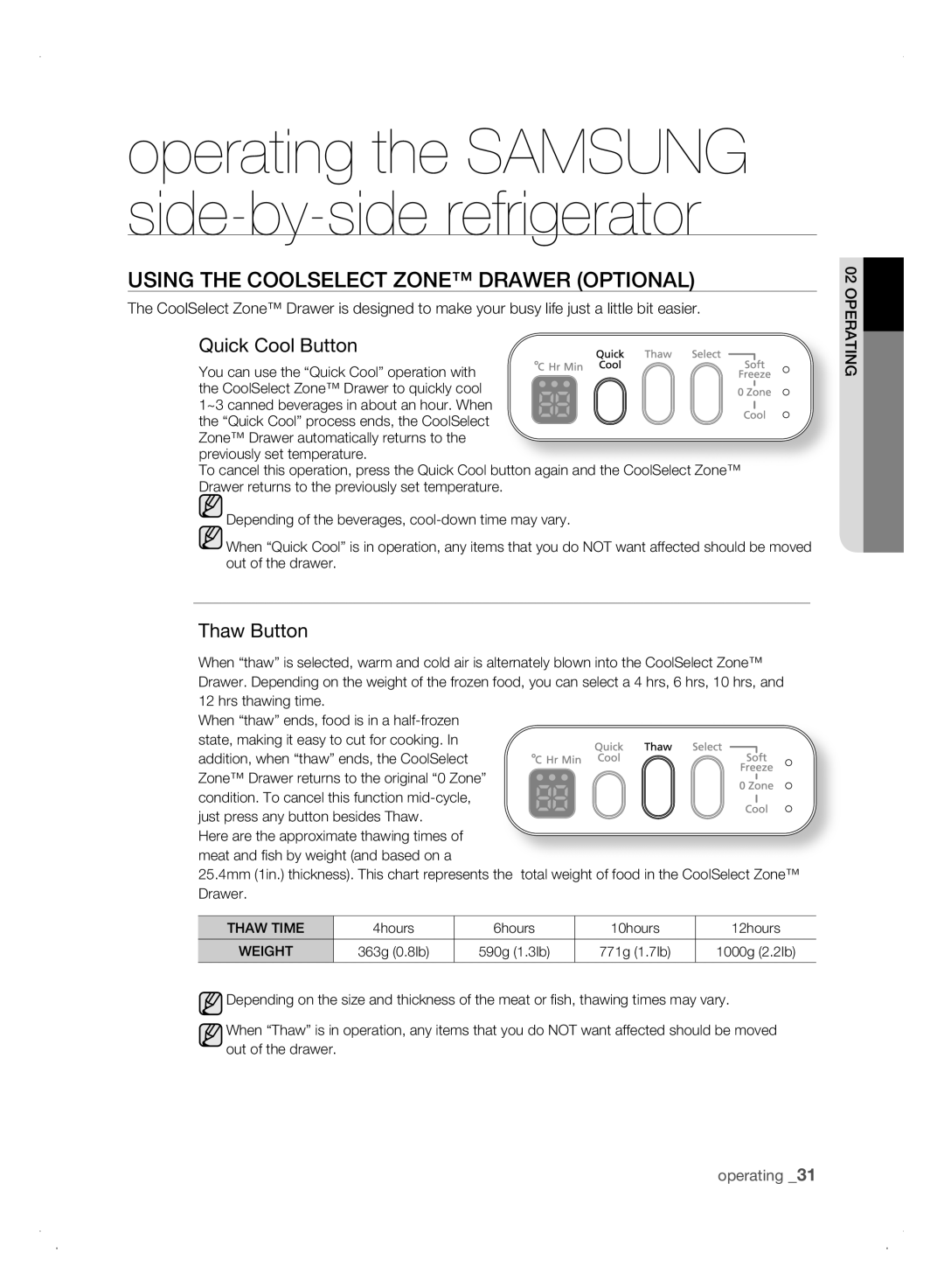 Samsung Refrigerator user manual Using tHE CooLsELECt ZonE DrawEr oPtionaL, Quick Cool Button, Thaw Button 