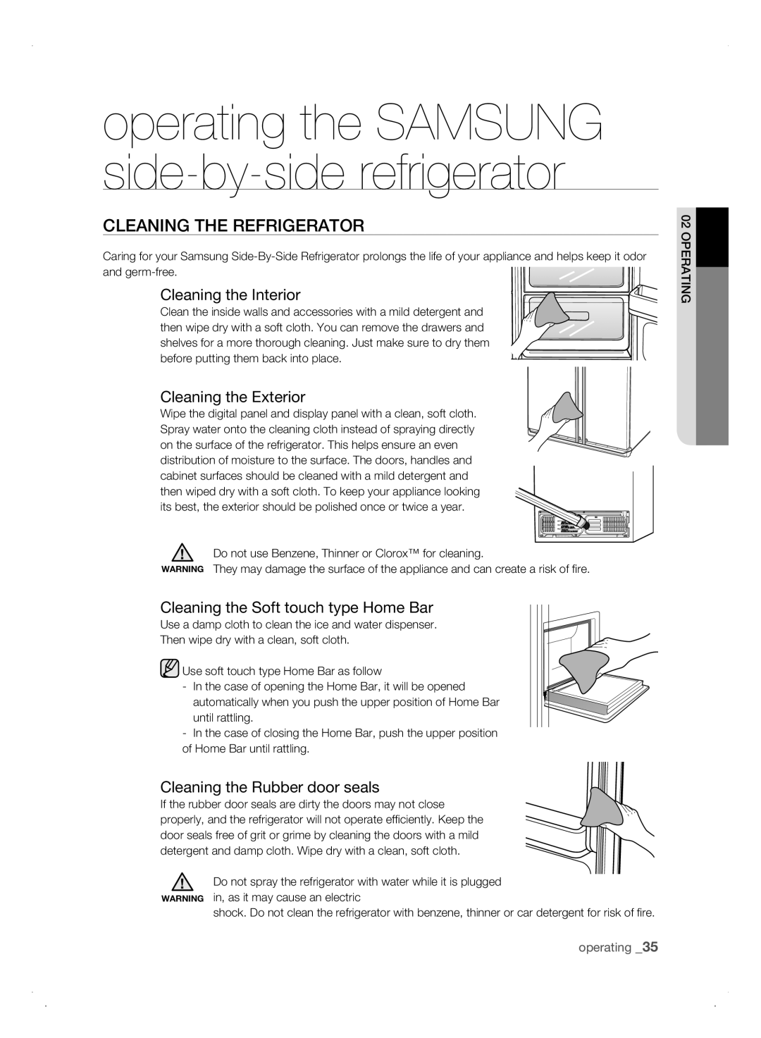 Samsung Refrigerator user manual CLEaning tHE rEfrigErator, Cleaning the Interior, Cleaning the Exterior 