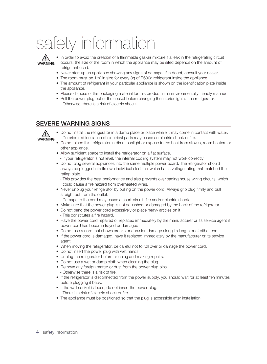 Samsung Refrigerator user manual SEVErE warning signs, Rating plate 