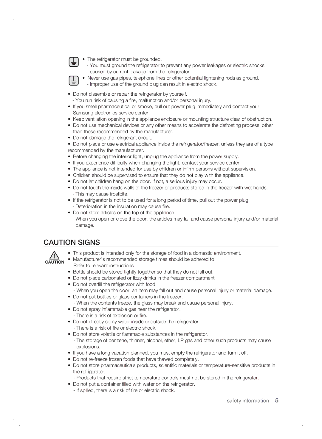 Samsung Refrigerator user manual Safety information  