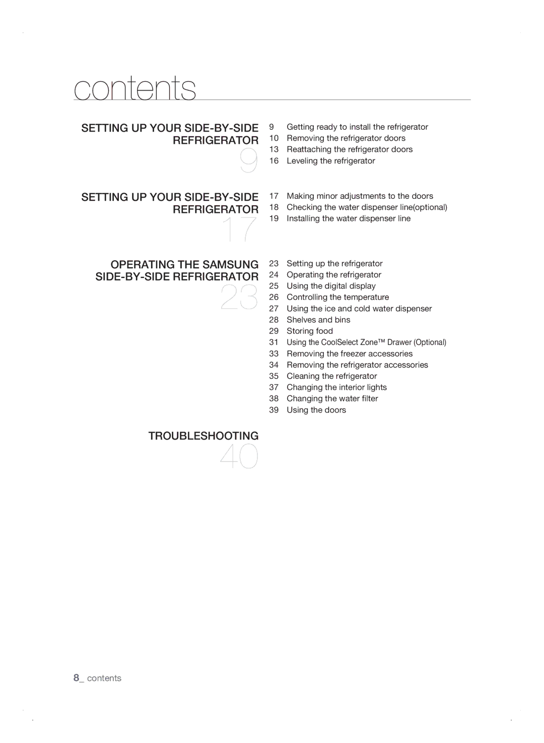 Samsung Refrigerator user manual Contents 