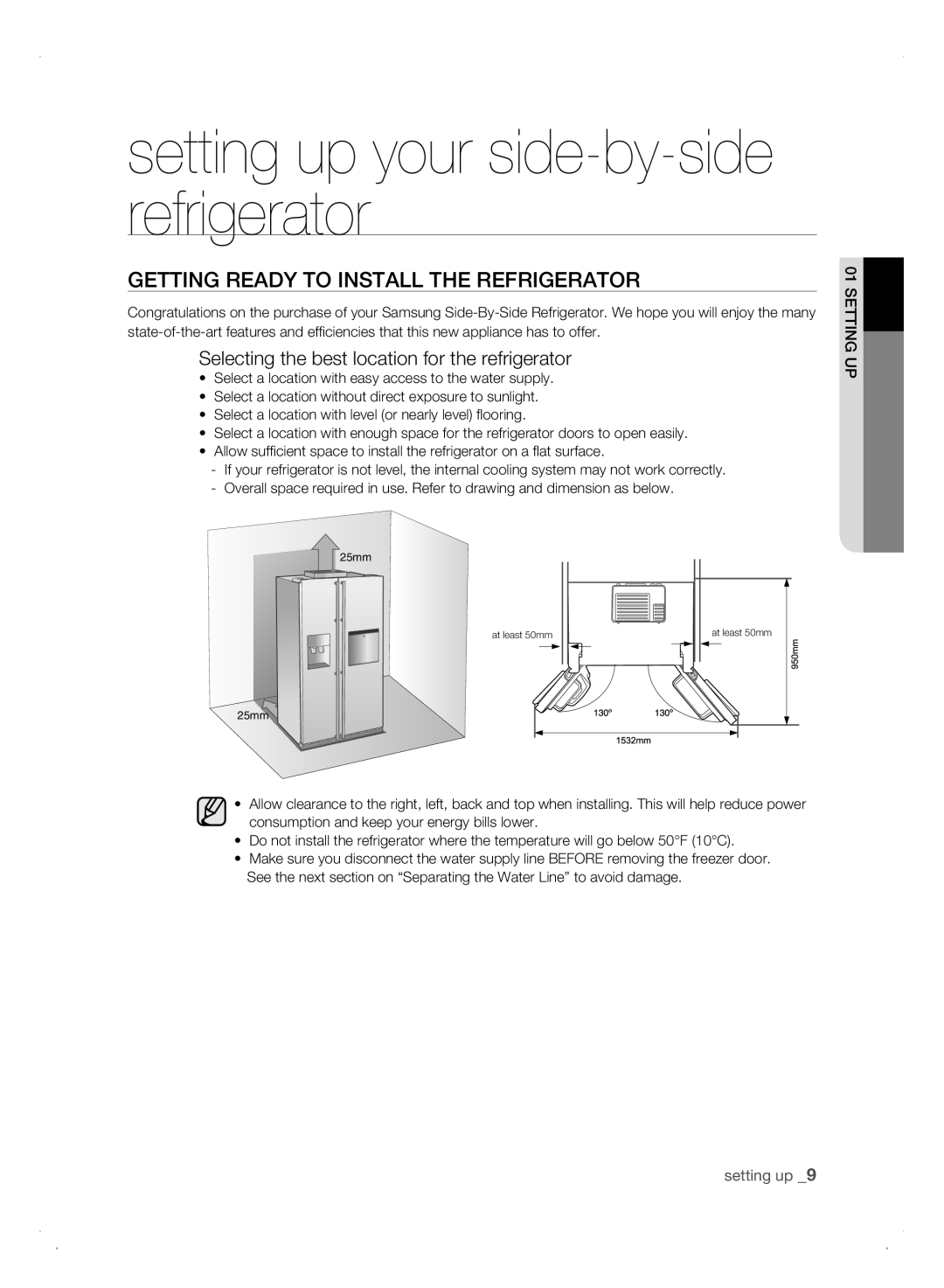 Samsung Refrigerator GEtting rEaDy to instaLL tHE rEfrigErator, Selecting the best location for the refrigerator 