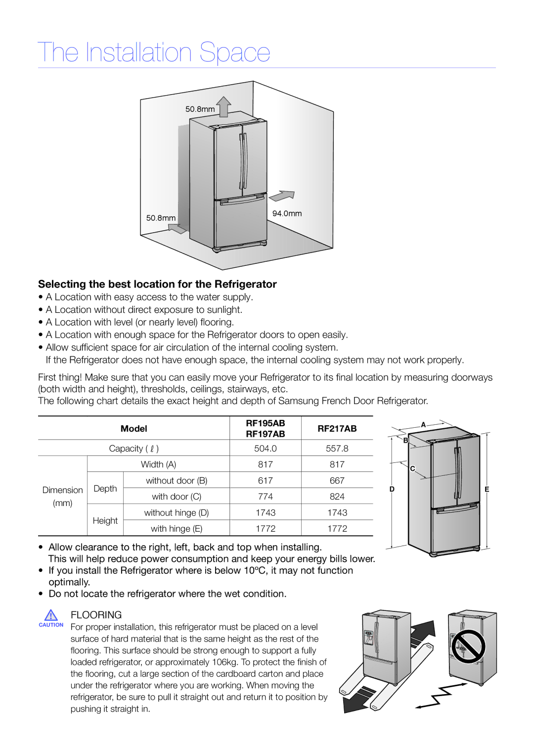 Samsung RF217AB Installation Space, Selecting the best location for the Refrigerator, Capacity ℓ 504.0 557.8 Width a 817 