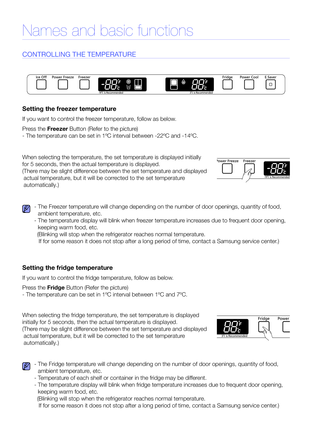 Samsung RF217AB, RF195AB CoNTRoLLING the Temperature, Setting the freezer temperature, Setting the fridge temperature 