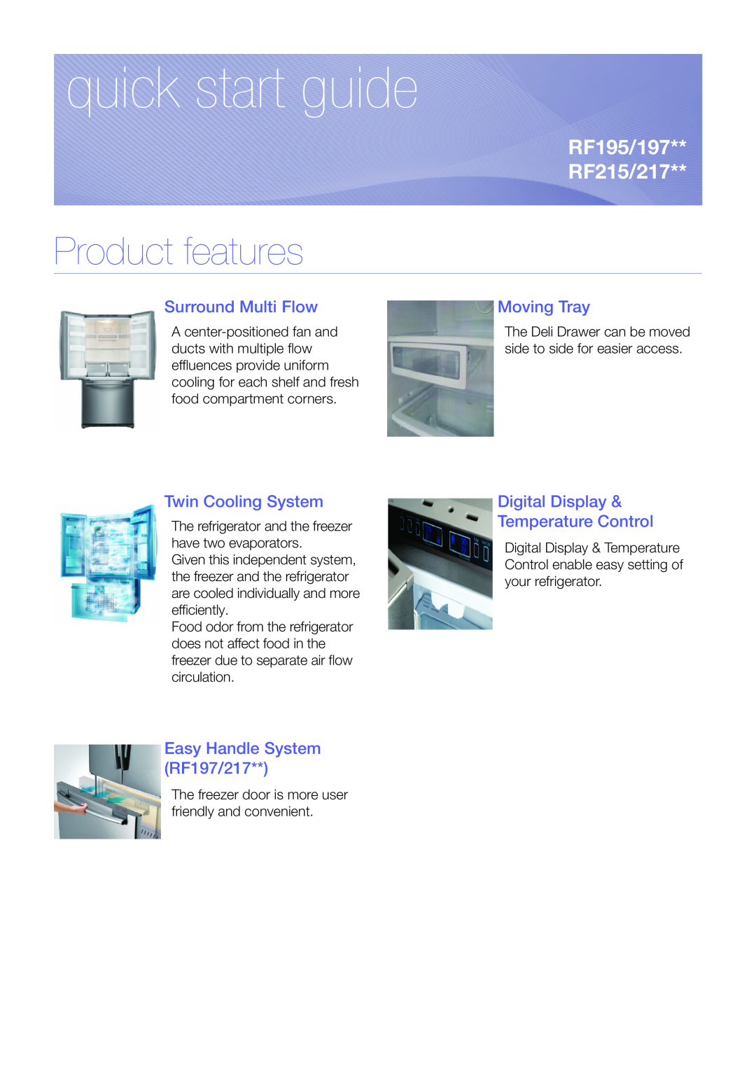 Samsung RF195 quick start Product features, Surround Multi Flow, Moving Tray, Twin Cooling System, quick start guide 