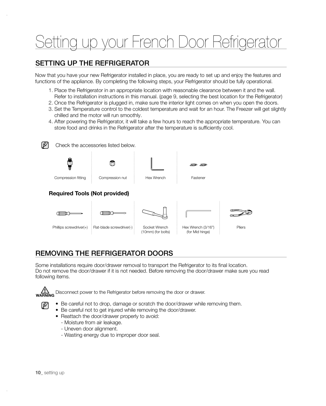 Samsung RF197ABRS/XAA, RF217ABPN/XAA manual Setting UP the Refrigerator, Removing the Refrigerator Doors 