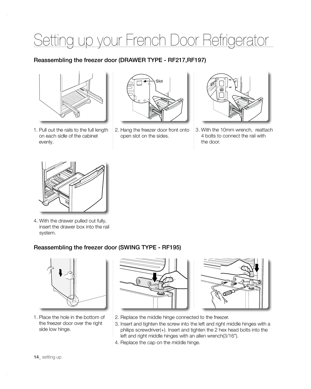 Samsung RF197ABRS/XAA, RF217ABPN/XAA manual Reassembling the freezer door Drawer Type RF217,RF197 