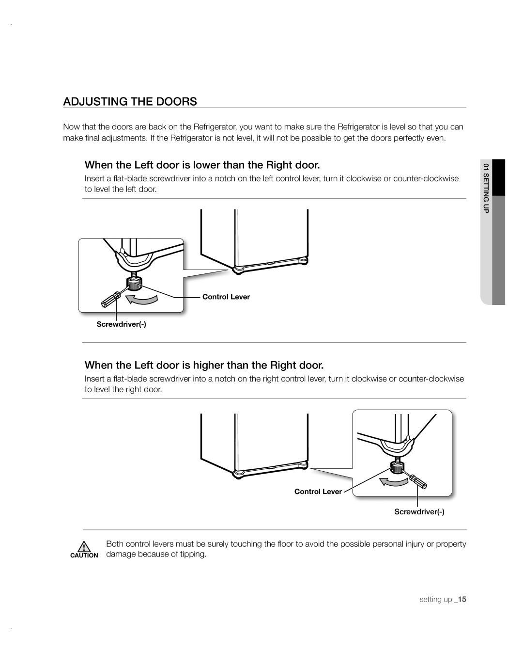 Samsung RF217ABPN/XAA, RF197ABRS/XAA manual Adjusting the Doors, When the Left door is lower than the Right door 