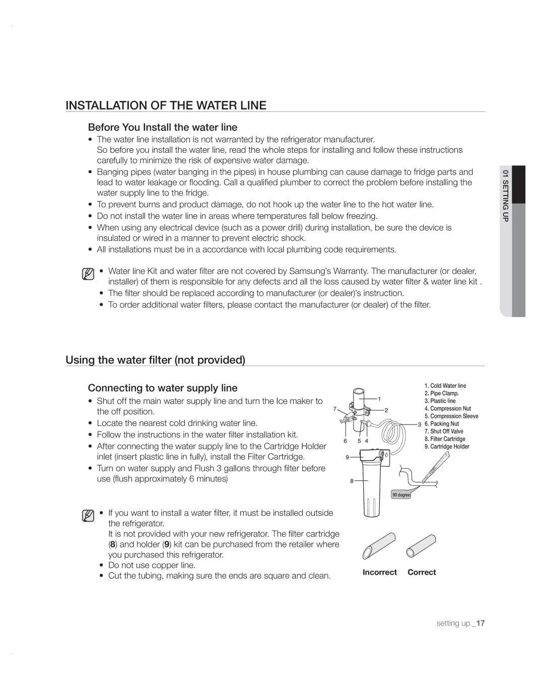 Samsung RF217ABPN/XAA Installation of the Water Line, Before You Install the water line, Connecting to water supply line 