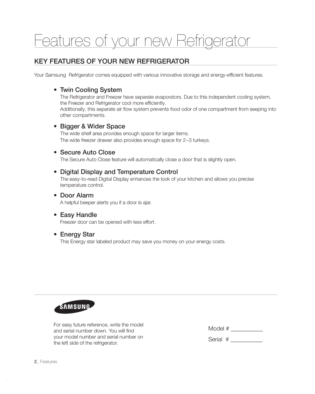 Samsung RF197ABRS/XAA, RF217ABPN/XAA manual Features of your new Refrigerator, Model # Serial # 