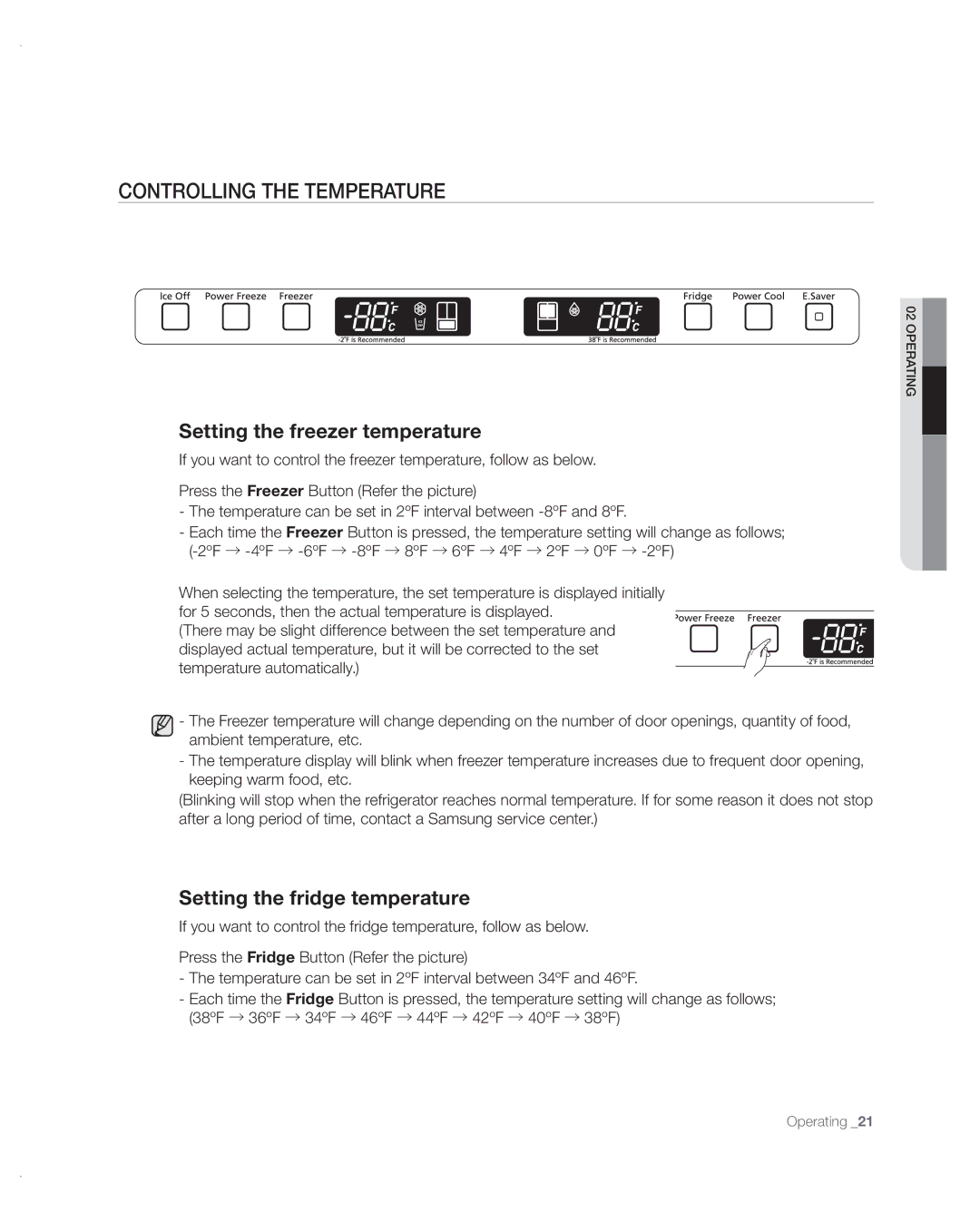 Samsung RF217ABPN/XAA, RF197ABRS/XAA manual Controlling the Temperature, Setting the freezer temperature 