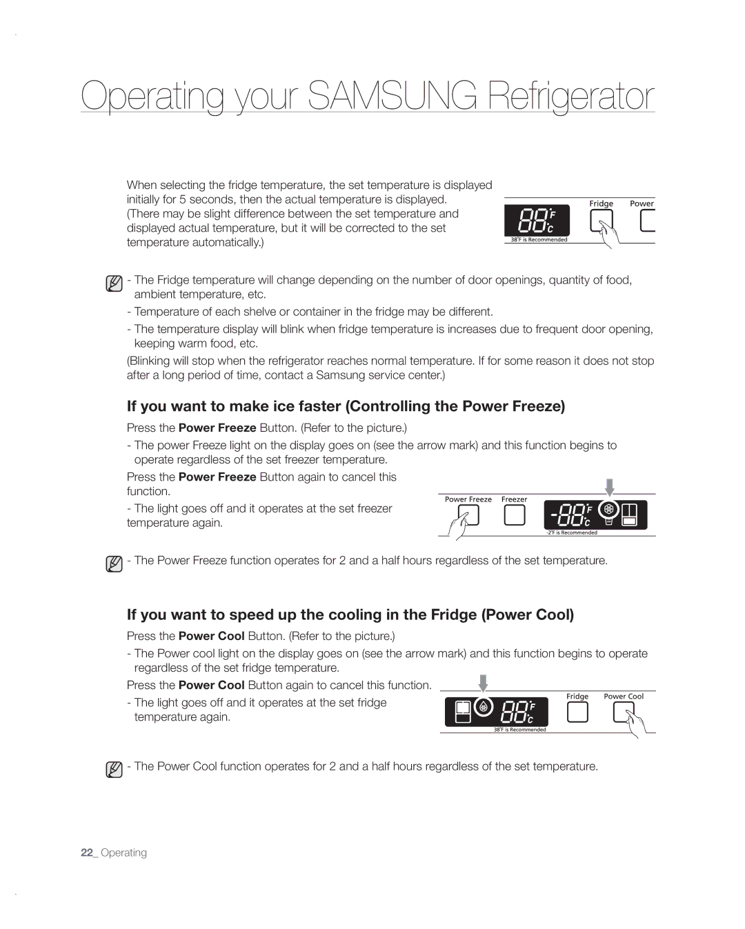 Samsung RF197ABRS/XAA, RF217ABPN/XAA manual If you want to speed up the cooling in the Fridge Power Cool 