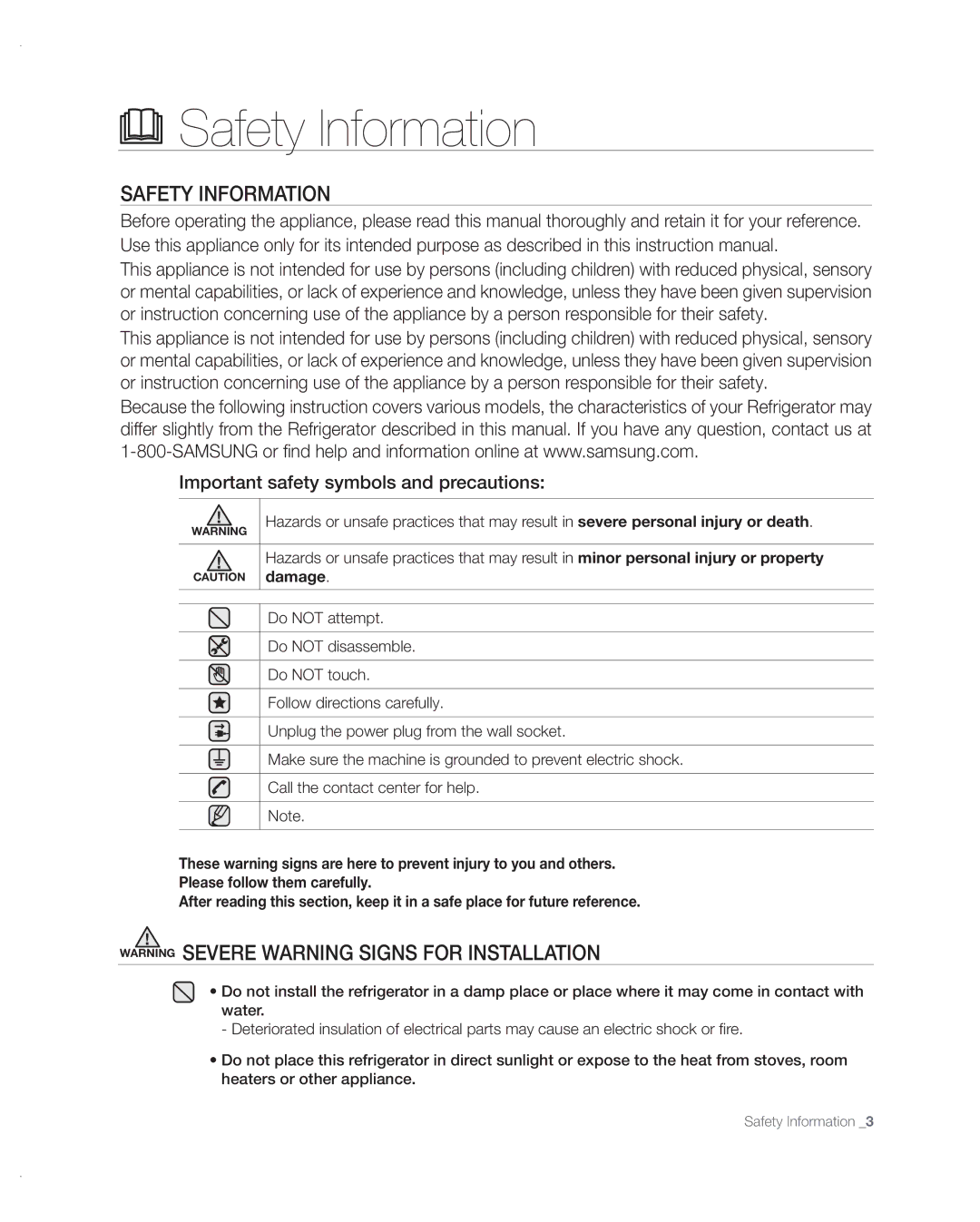 Samsung RF217ABPN/XAA, RF197ABRS/XAA manual Safety Information, Important safety symbols and precautions 