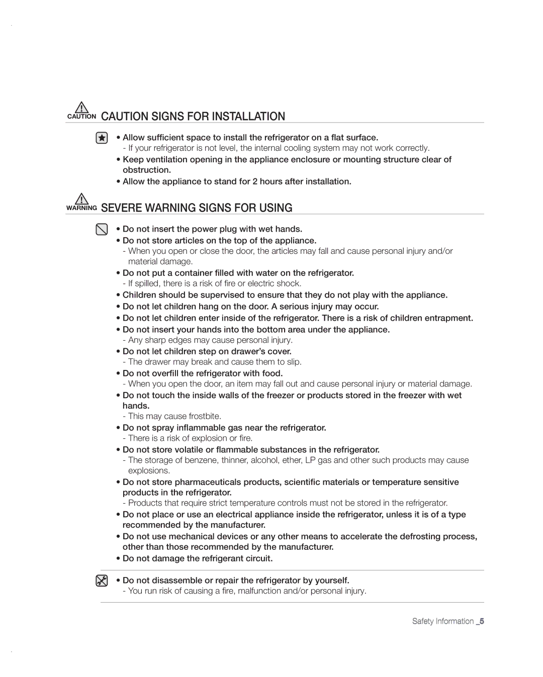 Samsung RF217ABPN/XAA, RF197ABRS/XAA manual Safety Information 