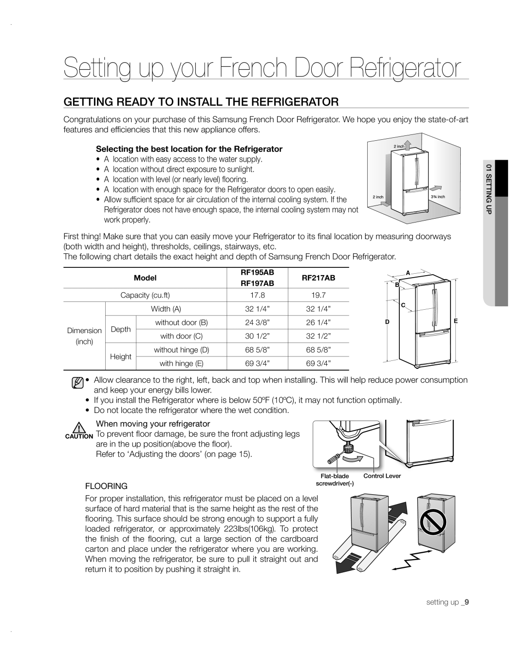 Samsung RF217ABPN/XAA, RF197ABRS/XAA Setting up your French Door Refrigerator, Getting Ready to Install the Refrigerator 